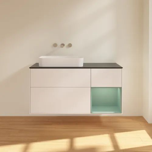 VILLEROY BOCH Finion Waschbeckenunterschrank, mit Beleuchtung, 3 Auszüge, 1200 x 603 x 501 mm, White Matt Lacquer / Olive Matt Lacquer / Glass Black Matt #F692GMMT, Bild 2