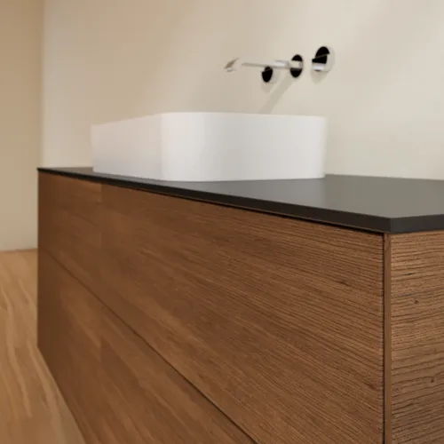 VILLEROY BOCH Finion Waschbeckenunterschrank, 4 Auszüge, 1600 x 603 x 501 mm, Walnut Veneer / Glass Black Matt #F73200GN, Bild 4