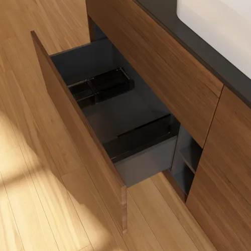 VILLEROY BOCH Finion Waschbeckenunterschrank, 4 Auszüge, 1600 x 603 x 501 mm, Walnut Veneer / Glass Black Matt #F73200GN, Bild 5