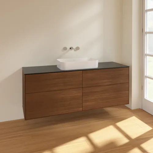 VILLEROY BOCH Finion Waschbeckenunterschrank, 4 Auszüge, 1600 x 603 x 501 mm, Walnut Veneer / Glass Black Matt #F73200GN, Bild 2