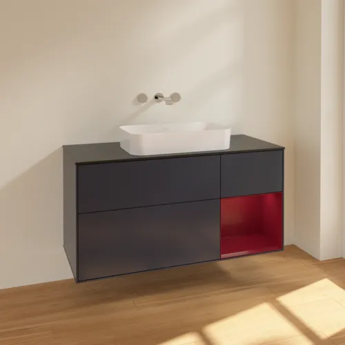 VILLEROY BOCH Finion Waschbeckenunterschrank, mit Beleuchtung, 3 Auszüge, 1200 x 603 x 501 mm, Midnight Blue Matt Lacquer / Peony Matt Lacquer / Glass Black Matt #F712HBHG, Bild 2