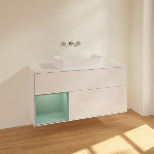Bild von VILLEROY BOCH Finion Waschbeckenunterschrank, mit Beleuchtung, 3 Auszüge, 1200 x 603 x 501 mm, Glossy White Lacquer / Olive Matt Lacquer / Glass White Matt #F701GMGF
