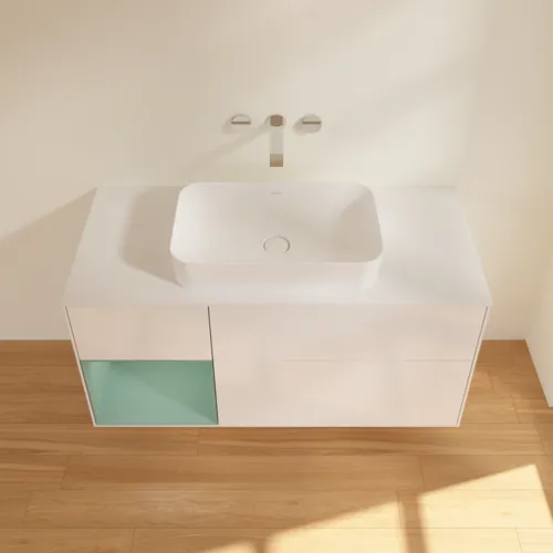 Bild von VILLEROY BOCH Finion Waschbeckenunterschrank, mit Beleuchtung, 3 Auszüge, 1200 x 603 x 501 mm, Glossy White Lacquer / Olive Matt Lacquer / Glass White Matt #F701GMGF