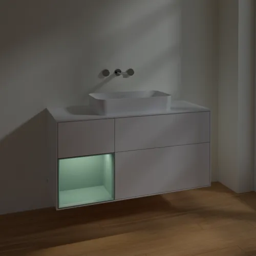 Bild von VILLEROY BOCH Finion Waschbeckenunterschrank, mit Beleuchtung, 3 Auszüge, 1200 x 603 x 501 mm, Glossy White Lacquer / Olive Matt Lacquer / Glass White Matt #F701GMGF