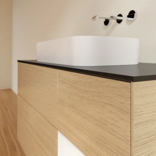 Bild von VILLEROY BOCH Finion Waschbeckenunterschrank, mit Beleuchtung, 3 Auszüge, 1200 x 603 x 501 mm, Oak Veneer / White Matt Lacquer / Glass Black Matt #F712MTPC