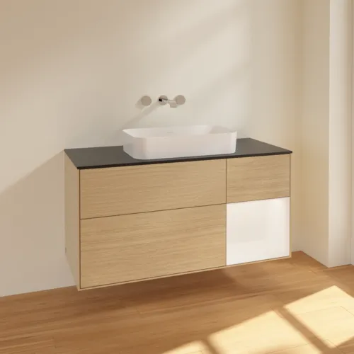 Bild von VILLEROY BOCH Finion Waschbeckenunterschrank, mit Beleuchtung, 3 Auszüge, 1200 x 603 x 501 mm, Oak Veneer / White Matt Lacquer / Glass Black Matt #F712MTPC