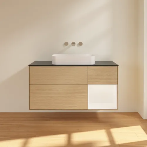 Bild von VILLEROY BOCH Finion Waschbeckenunterschrank, mit Beleuchtung, 3 Auszüge, 1200 x 603 x 501 mm, Oak Veneer / White Matt Lacquer / Glass Black Matt #F712MTPC