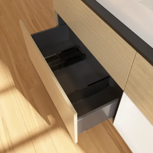 Bild von VILLEROY BOCH Finion Waschbeckenunterschrank, mit Beleuchtung, 3 Auszüge, 1200 x 603 x 501 mm, Oak Veneer / White Matt Lacquer / Glass Black Matt #F712MTPC