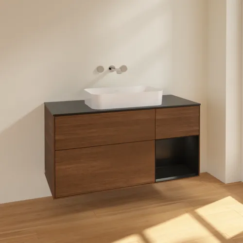 VILLEROY BOCH Finion Waschbeckenunterschrank, mit Beleuchtung, 3 Auszüge, 1200 x 603 x 501 mm, Walnut Veneer / Black Matt Lacquer / Glass Black Matt #F712PDGN, Bild 2