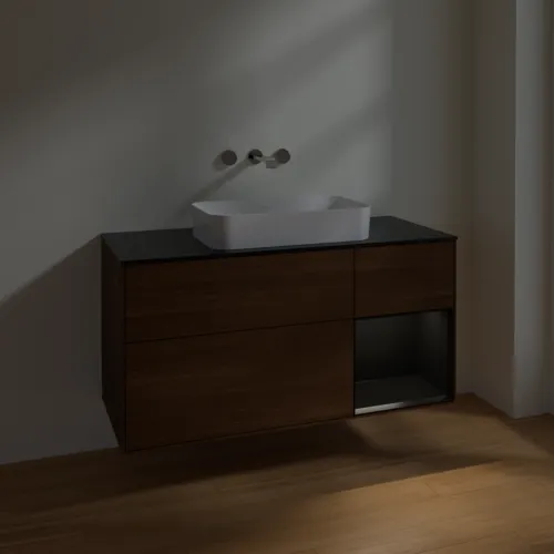 VILLEROY BOCH Finion Waschbeckenunterschrank, mit Beleuchtung, 3 Auszüge, 1200 x 603 x 501 mm, Walnut Veneer / Black Matt Lacquer / Glass Black Matt #F712PDGN, Bild 4