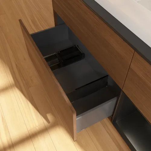 VILLEROY BOCH Finion Waschbeckenunterschrank, mit Beleuchtung, 3 Auszüge, 1200 x 603 x 501 mm, Walnut Veneer / Black Matt Lacquer / Glass Black Matt #F712PDGN, Bild 5