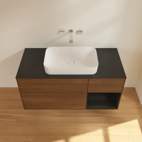 VILLEROY BOCH Finion Waschbeckenunterschrank, mit Beleuchtung, 3 Auszüge, 1200 x 603 x 501 mm, Walnut Veneer / Black Matt Lacquer / Glass Black Matt #F712PDGN, Bild 3