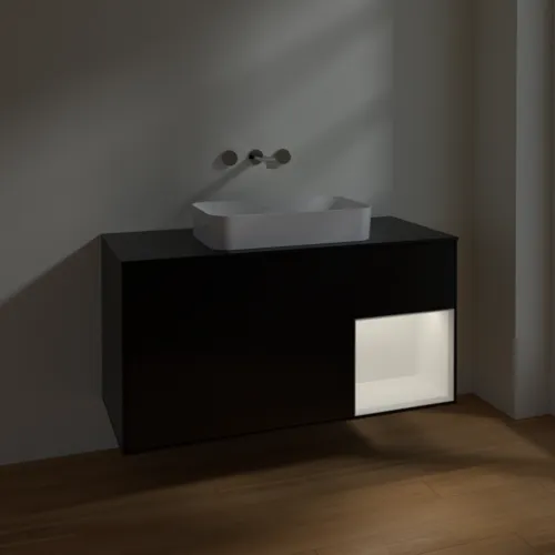 Obrázek VILLEROY BOCH Toaletní skříňka Finion, s osvětlením, 3 výsuvy, 1200 x 603 x 501 mm, černý matný lak / bílý matný lak / černé matné sklo #F712MTPD