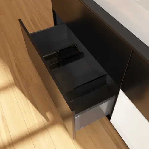 Obrázek VILLEROY BOCH Toaletní skříňka Finion, s osvětlením, 3 výsuvy, 1200 x 603 x 501 mm, černý matný lak / bílý matný lak / černé matné sklo #F712MTPD