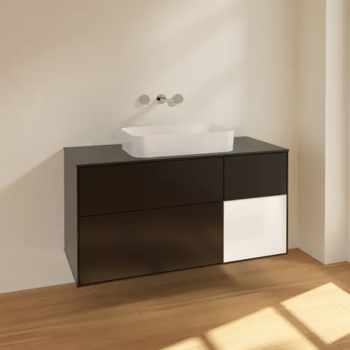 Obrázek VILLEROY BOCH Toaletní skříňka Finion, s osvětlením, 3 výsuvy, 1200 x 603 x 501 mm, černý matný lak / bílý matný lak / černé matné sklo #F712MTPD