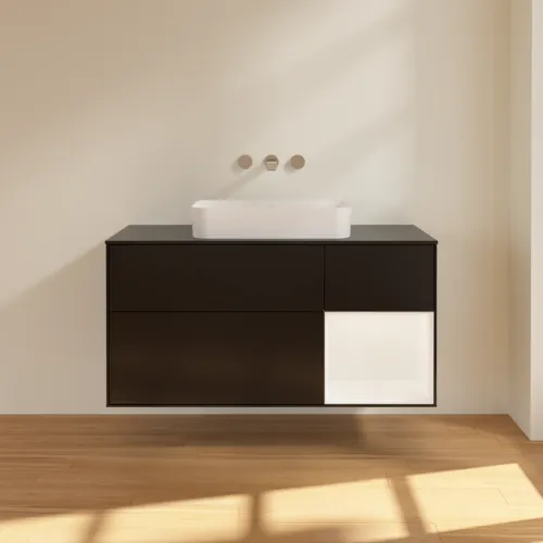 Obrázek VILLEROY BOCH Toaletní skříňka Finion, s osvětlením, 3 výsuvy, 1200 x 603 x 501 mm, černý matný lak / bílý matný lak / černé matné sklo #F712MTPD