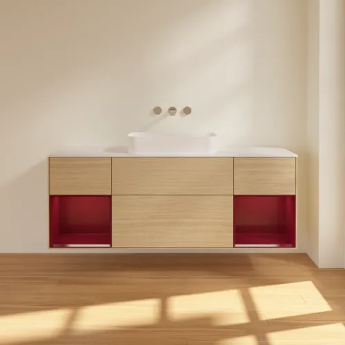Bild von VILLEROY BOCH Finion Waschbeckenunterschrank, mit Beleuchtung, 4 Auszüge, 1600 x 603 x 501 mm, Oak Veneer / Peony Matt Lacquer / Glass White Matt #F741HBPC
