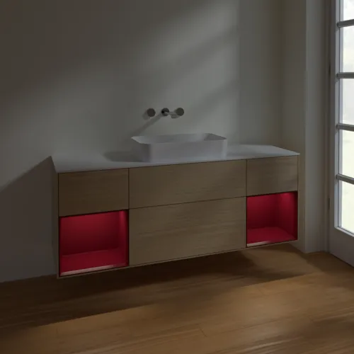 Bild von VILLEROY BOCH Finion Waschbeckenunterschrank, mit Beleuchtung, 4 Auszüge, 1600 x 603 x 501 mm, Oak Veneer / Peony Matt Lacquer / Glass White Matt #F741HBPC