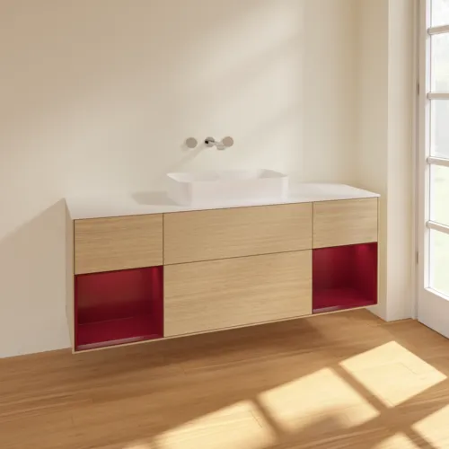Bild von VILLEROY BOCH Finion Waschbeckenunterschrank, mit Beleuchtung, 4 Auszüge, 1600 x 603 x 501 mm, Oak Veneer / Peony Matt Lacquer / Glass White Matt #F741HBPC