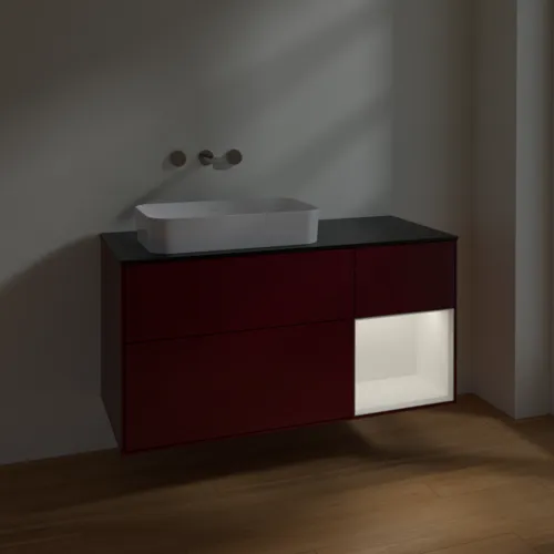Bild von VILLEROY BOCH Finion Waschbeckenunterschrank, mit Beleuchtung, 3 Auszüge, 1200 x 603 x 501 mm, Peony Matt Lacquer / White Matt Lacquer / Glass Black Matt #F692MTHB