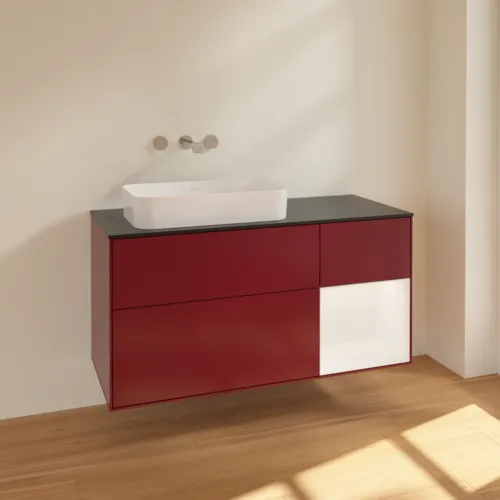 Bild von VILLEROY BOCH Finion Waschbeckenunterschrank, mit Beleuchtung, 3 Auszüge, 1200 x 603 x 501 mm, Peony Matt Lacquer / White Matt Lacquer / Glass Black Matt #F692MTHB