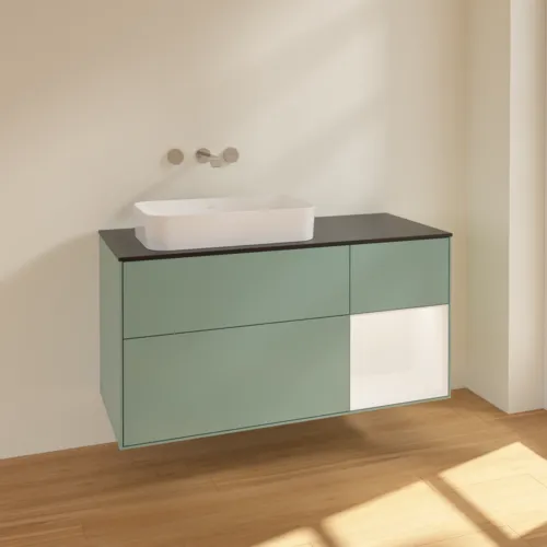 Bild von VILLEROY BOCH Finion Waschbeckenunterschrank, mit Beleuchtung, 3 Auszüge, 1200 x 603 x 501 mm, Olive Matt Lacquer / White Matt Lacquer / Glass Black Matt #F692MTGM