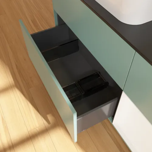 Bild von VILLEROY BOCH Finion Waschbeckenunterschrank, mit Beleuchtung, 3 Auszüge, 1200 x 603 x 501 mm, Olive Matt Lacquer / White Matt Lacquer / Glass Black Matt #F692MTGM