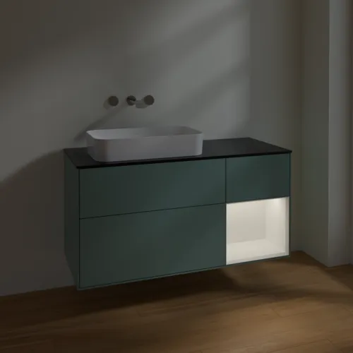 Bild von VILLEROY BOCH Finion Waschbeckenunterschrank, mit Beleuchtung, 3 Auszüge, 1200 x 603 x 501 mm, Olive Matt Lacquer / White Matt Lacquer / Glass Black Matt #F692MTGM