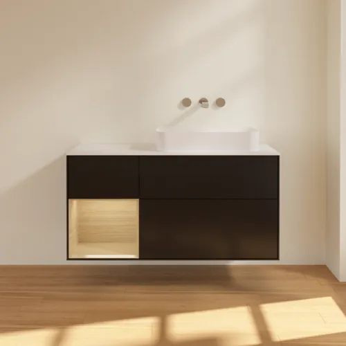 VILLEROY BOCH Finion Waschbeckenunterschrank, mit Beleuchtung, 3 Auszüge, 1200 x 603 x 501 mm, Black Matt Lacquer / Oak Veneer / Glass White Matt #F681PCPD, Bild 2
