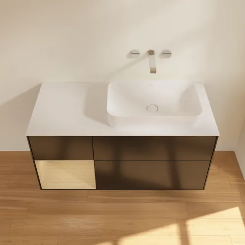 VILLEROY BOCH Finion Waschbeckenunterschrank, mit Beleuchtung, 3 Auszüge, 1200 x 603 x 501 mm, Black Matt Lacquer / Oak Veneer / Glass White Matt #F681PCPD, Bild 3