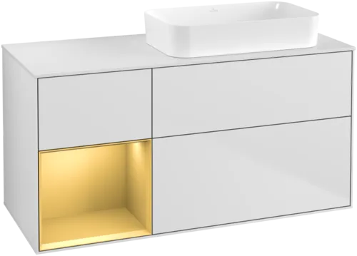 εικόνα του VILLEROY BOCH Finion Vanity unit, with lighting, 3 pull-out compartments, 1200 x 603 x 501 mm, White Matt Lacquer / Gold Matt Lacquer / Glass White Matt #F681HFMT