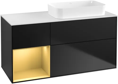 εικόνα του VILLEROY BOCH Finion Vanity unit, with lighting, 3 pull-out compartments, 1200 x 603 x 501 mm, Black Matt Lacquer / Gold Matt Lacquer / Glass White Matt #F681HFPD