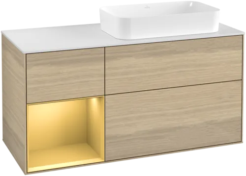 εικόνα του VILLEROY BOCH Finion Vanity unit, with lighting, 3 pull-out compartments, 1200 x 603 x 501 mm, Oak Veneer / Gold Matt Lacquer / Glass White Matt #F681HFPC