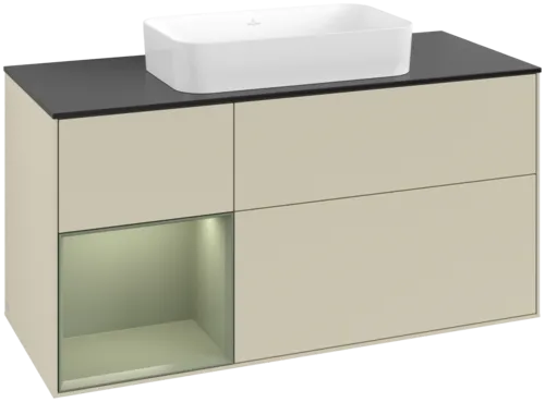 Obrázek VILLEROY BOCH Toaletní skříňka Finion, s osvětlením, 3 výsuvy, 1200 x 603 x 501 mm, hedvábně šedý matný lak / olivový matný lak / černé matné sklo #F702GMHJ