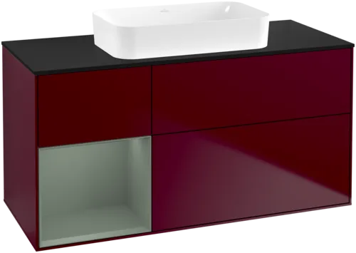 Obrázek VILLEROY BOCH Toaletní skříňka Finion, s osvětlením, 3 výsuvy, 1200 x 603 x 501 mm, Pivoňka matný lak / Olivový matný lak / Sklo černé matné #F702GMHB