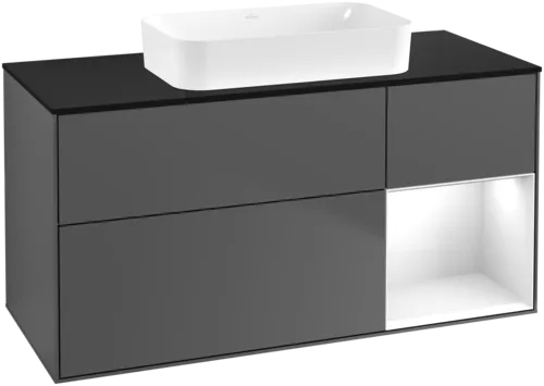 Obrázek VILLEROY BOCH Toaletní skříňka Finion, s osvětlením, 3 výsuvy, 1200 x 603 x 501 mm, antracitový matný lak / lesklý bílý lak / černé matné sklo #F712GFGK