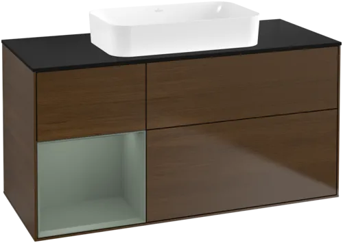 Obrázek VILLEROY BOCH Toaletní skříňka Finion, s osvětlením, 3 výsuvy, 1200 x 603 x 501 mm, ořechová dýha / olivově matný lak / sklo černé matné #F702GMGN