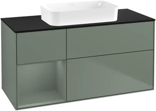 Obrázek VILLEROY BOCH Toaletní skříňka Finion, s osvětlením, 3 výsuvy, 1200 x 603 x 501 mm, olivově matný lak / olivově matný lak / sklo černé matné #F702GMGM
