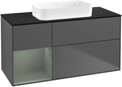 Obrázek VILLEROY BOCH Toaletní skříňka Finion, s osvětlením, 3 výsuvy, 1200 x 603 x 501 mm, antracitový matný lak / olivový matný lak / černé matné sklo #F702GMGK