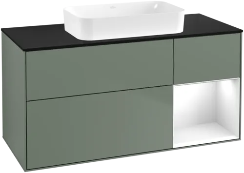 Obrázek VILLEROY BOCH Toaletní skříňka Finion, s osvětlením, 3 výsuvy, 1200 x 603 x 501 mm, olivový matný lak / lesklý bílý lak / sklo černé matné #F712GFGM