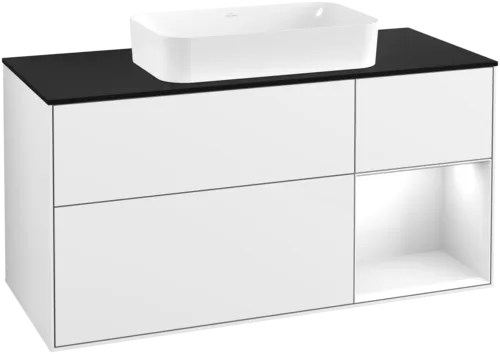 Obrázek VILLEROY BOCH Toaletní skříňka Finion, s osvětlením, 3 výsuvy, 1200 x 603 x 501 mm, lesklý bílý lak / lesklý bílý lak / sklo černé matné #F712GFGF