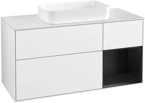 Obrázek VILLEROY BOCH Toaletní skříňka Finion, s osvětlením, 3 výsuvy, 1200 x 603 x 501 mm, lesklý bílý lak / černý matný lak / sklo bílé matné #F711PDGF
