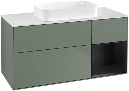 Obrázek VILLEROY BOCH Toaletní skříňka Finion, s osvětlením, 3 výsuvy, 1200 x 603 x 501 mm, olivový matný lak / černý matný lak / bílé matné sklo #F711PDGM