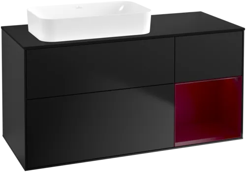 Obrázek VILLEROY BOCH Toaletní skříňka Finion, s osvětlením, 3 výsuvy, 1200 x 603 x 501 mm, černý matný lak / pivoňkový matný lak / černé matné sklo #F692HBPD
