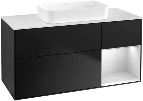 Obrázek VILLEROY BOCH Toaletní skříňka Finion, s osvětlením, 3 výsuvy, 1200 x 603 x 501 mm, černý matný lak / bílý matný lak / bílé matné sklo #F711MTPD