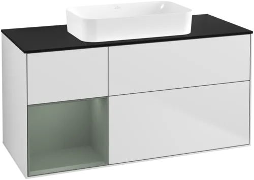 Picture of VILLEROY BOCH Finion Vanity unit, with lighting, 3 pull-out compartments, 1200 x 603 x 501 mm, White Matt Lacquer / Olive Matt Lacquer / Glass Black Matt #F702GMMT