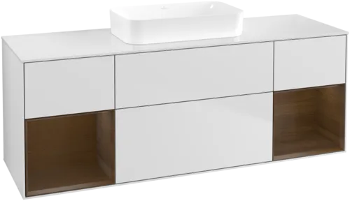 Picture of VILLEROY BOCH Finion Vanity unit, with lighting, 4 pull-out compartments, 1600 x 603 x 501 mm, White Matt Lacquer / Walnut Veneer / Glass White Matt #F741GNMT