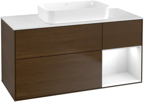 Picture of VILLEROY BOCH Finion Vanity unit, with lighting, 3 pull-out compartments, 1200 x 603 x 501 mm, Walnut Veneer / Glossy White Lacquer / Glass White Matt #F711GFGN