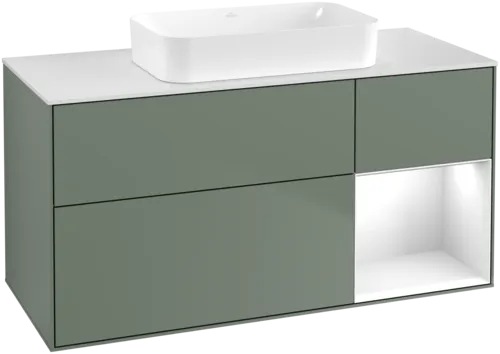 Picture of VILLEROY BOCH Finion Vanity unit, with lighting, 3 pull-out compartments, 1200 x 603 x 501 mm, Olive Matt Lacquer / Glossy White Lacquer / Glass White Matt #F711GFGM