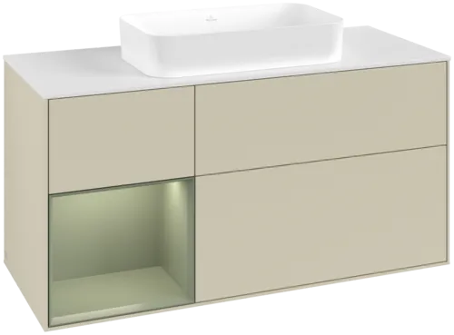Picture of VILLEROY BOCH Finion Vanity unit, with lighting, 3 pull-out compartments, 1200 x 603 x 501 mm, Silk Grey Matt Lacquer / Olive Matt Lacquer / Glass White Matt #F701GMHJ